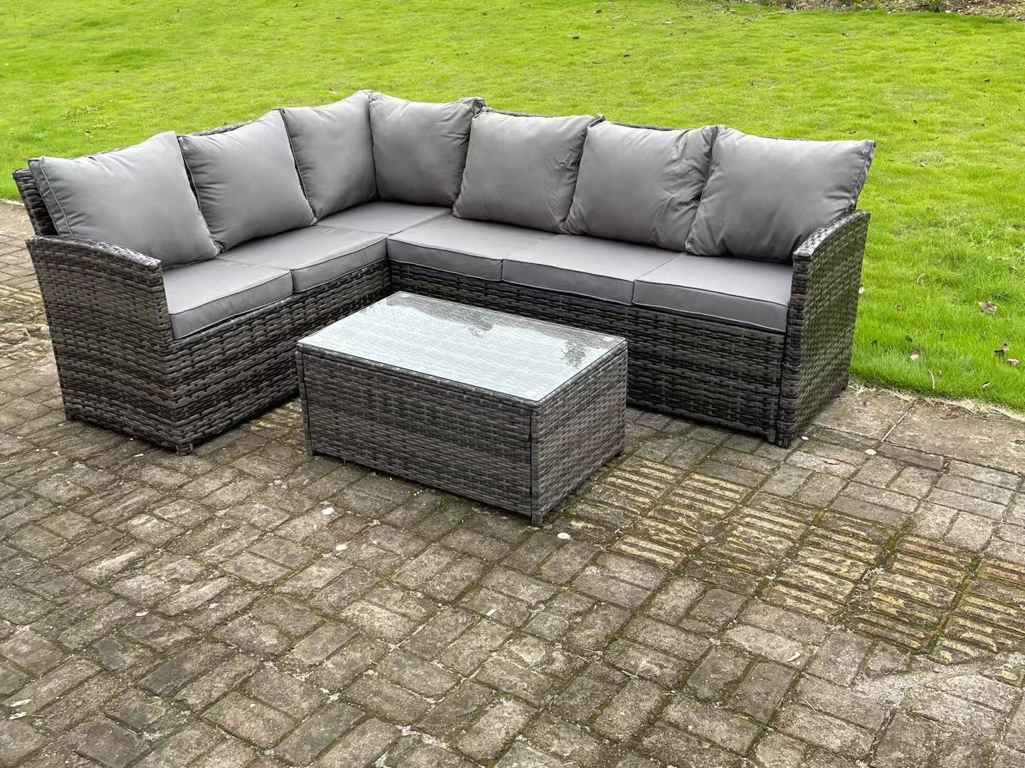 High Back Rattan Corner Sofa Set Outdoor Furniture Rectangular Coffee Table 6 Seater